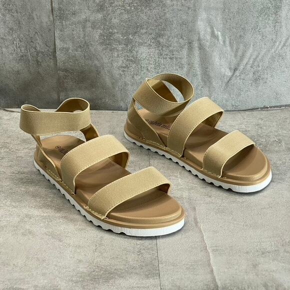 OLIVIA MILLER Women's Tan Nicola Round-Toe Stretchy Straps Slip-On Flat Sandals - Picture 2 of 10